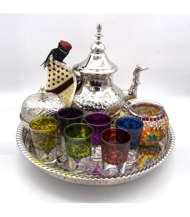 Pack Juego de Té - 12 Vasos + Tetera 1 l + Azucarero + Bandeja + Morito + Portavelas de Regalo