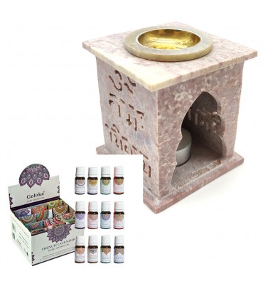 Pacote Queimador de Censador Purificador de ar com óleos essenciais + 12 óleos Goloka variados + 10 velas de parafina