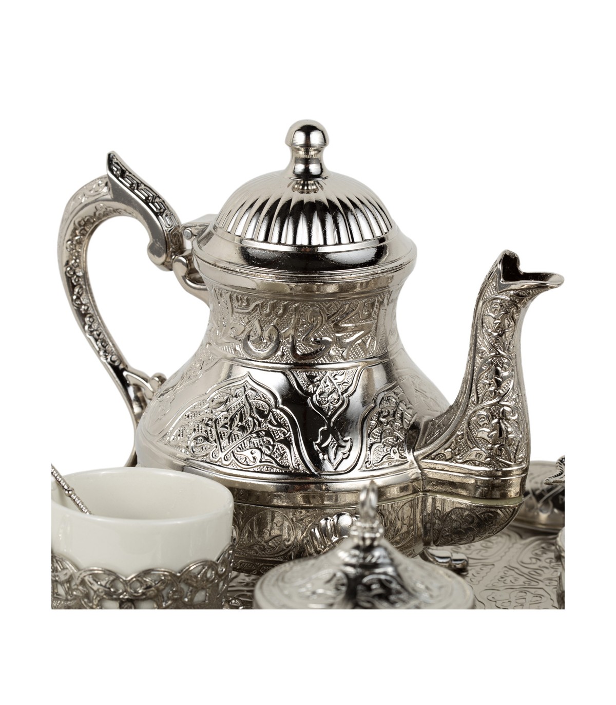 Set da tè turco vintage con caffettiera e tazze, con teiera, vassoio da tè e tazze in metallo, decorazione per armadietto del vino, ornamenti per matrimoni (argento e bianco