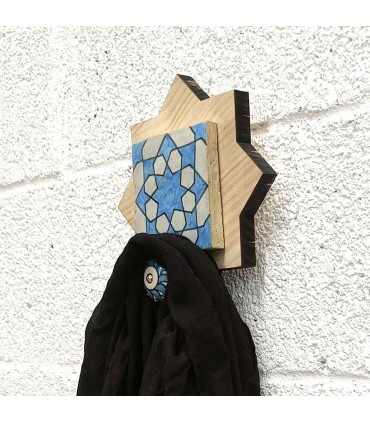 Wooden and Andalusian Tile Coat Rack - Nayma Model
