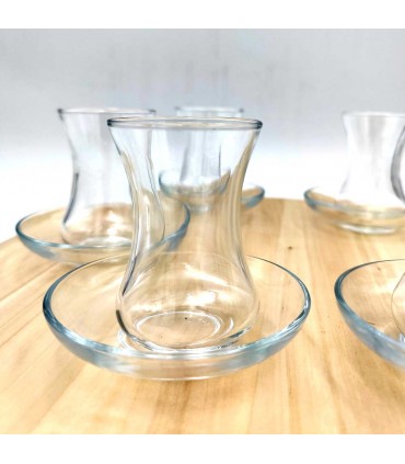 Set of 6 Turkish Tea Glasses + 6 Saucers - Tempered Glass - Ottoman Turkish Decoration- Zujaj Model