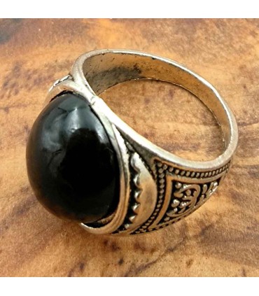 Anillo Unisex Aleación Inox - Piedra Negra - Estilo Medieval Gótico - Modelo Khamsa Ashra Aswad