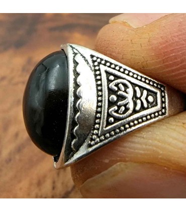 Stainless Steel Alloy Unisex Ring - Black Stone - Medieval Gothic Style - Khamsa Ashra Aswad Model