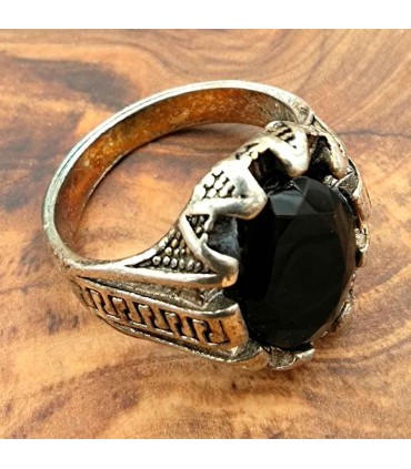 Unisex-Ring aus Edelstahllegierung – schwarzer Stein – mittelalterlicher gotischer Stil – Zamania Ashra Aswad-Modell