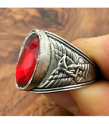 Anello Unisex in Lega Inossidabile - Pietra Rossa - Stile Medievale Gotico - Modello Iznain Ashrin Ahmar