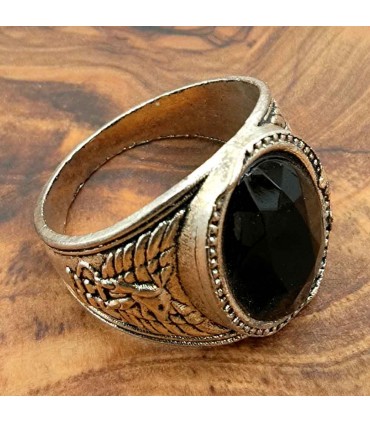Unisex-Ring aus Edelstahllegierung - Schwarzer Stein - Mittelalterlicher gotischer Stil - Modell Arbaa Ashrin Ahmar