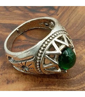 Anello Unisex in Lega Inossidabile - Pietra Verde - Stile Medievale Gotico - Modello Sebaa Ashrin Akhdar