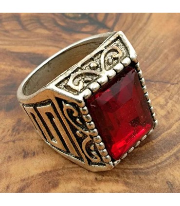 Anello Unisex in Lega Inossidabile - Pietra Rossa - Stile Medievale Gotico - Modello Tisaa Ashrin Ahmar