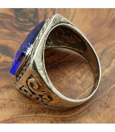 Unisex-Ring aus Edelstahllegierung - Blauer Stein - Mittelalterlicher gotischer Stil - Arbaa Azrak-Modell