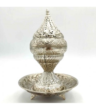Brûleur d'encens en métal - Design dôme - Couleur argent - Modèle Fiddatun