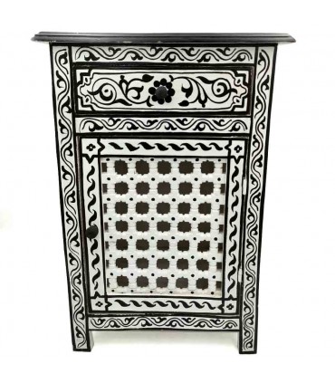 Mesita Noche con Cajon y Puerta de Celosia - Decoración Árabe Andalusí - Artesanía Marroquí - Modelo Aswadein