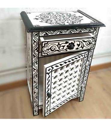Mesita Noche con Cajon y Puerta de Celosia - Decoración Árabe Andalusí - Artesanía Marroquí - Modelo Aswadein