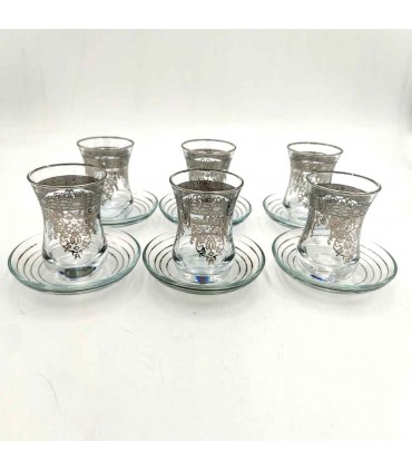 Set Gioco 6 Bicchieri da Tè Turco con Piattini - Artigianato Turco - Decorazione Araba - Modello Fiddati