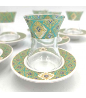 Set Gioco 6 Bicchieri da Tè Turco con Piattini - Artigianato Turco - Decorazione Araba - Modello Alkhazaf