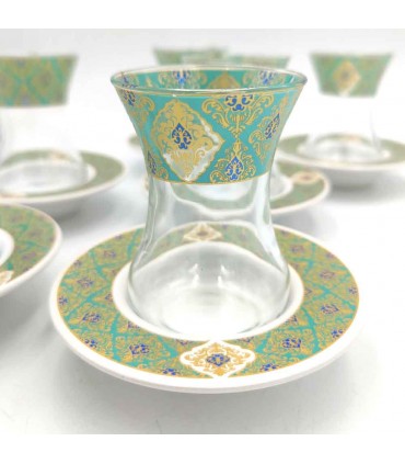 Set Jeu 6 Verres à Thé Turcs avec Soucoupes - Artisanat Turc - Décoration Arabe - Modèle Alkhazaf
