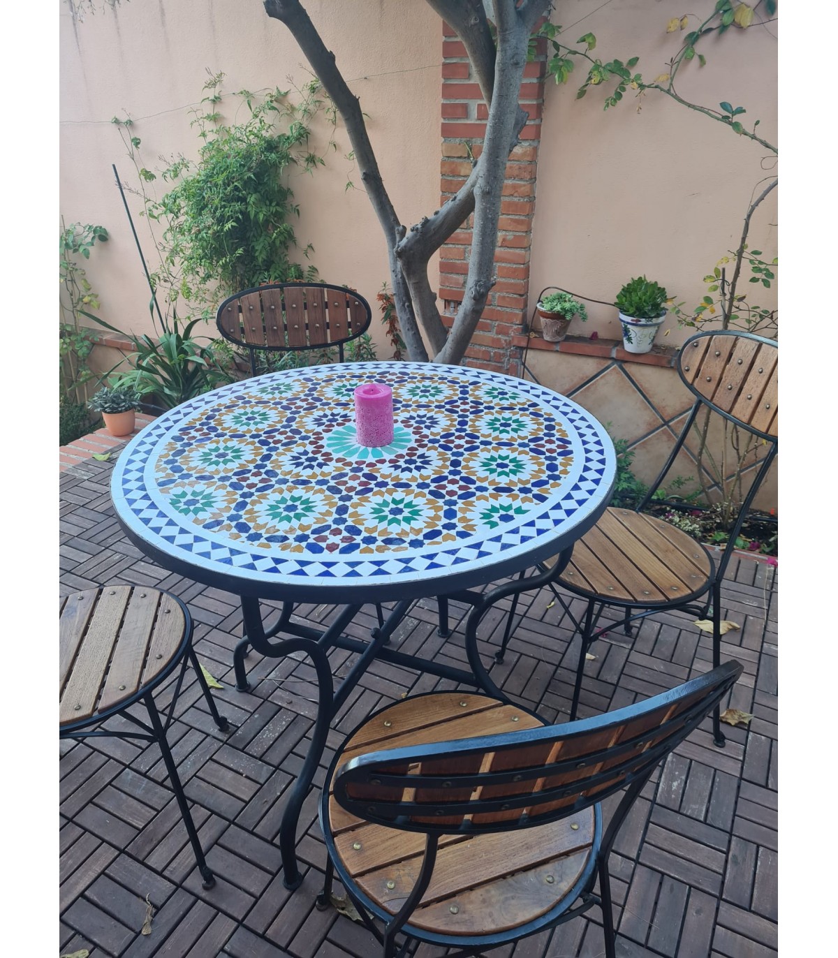 TecTake 800570 Tavolino Da Balcone, Mosaico A Ribalta, Piano Del Tavolo In Mosaico Di Pietra Stabile Costruzione Disponibile In Diversi Colori Blu Bianco No 402766