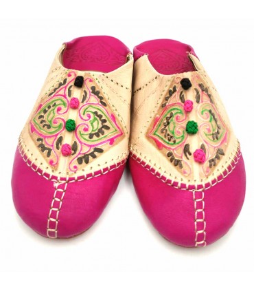 Chinelo Marroquino Mulher - Cor Rosa - Artesanato Marroquino Autêntico Couro - Modelo Azrar