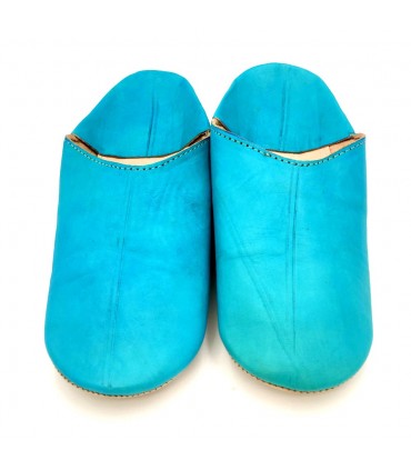 Babucha Zapatilla Andar por Casa Estilo Árabe - 100% Cuero - Color Turquesa Claro - Artesanía Marroquí - Modelo Darun