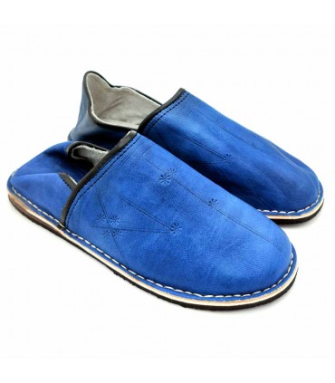 Babouches Arabes en Cuir Unisexe Adulte - Bleu - Artisanat Marocain - Modèle Kadim