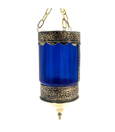 Suspension Verre et Alpaga Bougeoir Lanterne -Bleu- Décoration Andalouse Eclairage Arabe - Modèle Zuyaya
