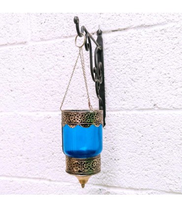 Glass and Alpaca Pendant Lamp Candle Holder Lantern -Blue- Andalusian Decoration Arabic Lighting - Zuyaya Model