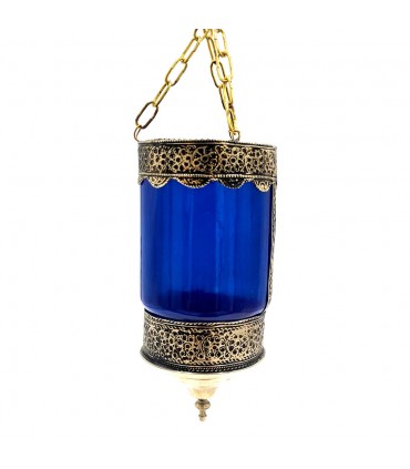 Farol Portavelas Lampara Colgante de Cristal y Alpaca -Azul- Decoración Andalusí Iluminación Árabe - Modelo Zuyaya