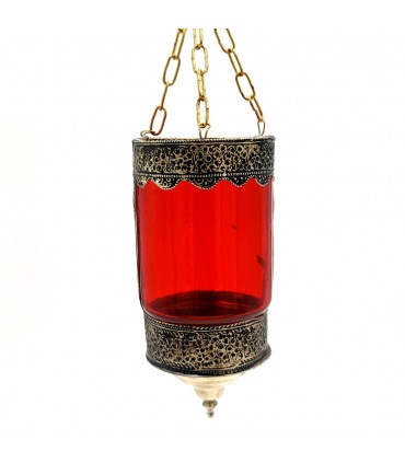 Glas und Neusilber Pendelleuchte Kerzenhalter Laterne -rot- andalusische Dekoration arabische Beleuchtung - Modell Zuyaya
