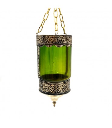 Farol Portavelas Lampara Colgante de Cristal y Alpaca -Verde- Decoración Andalusí Iluminación Árabe - Modelo Zuyaya
