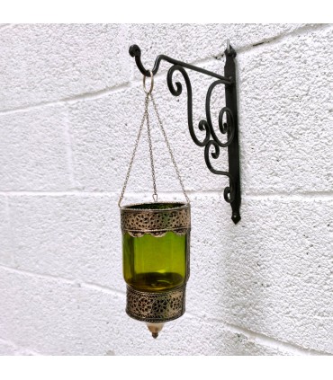 Farol Portavelas Lampara Colgante de Cristal y Alpaca -Verde- Decoración Andalusí Iluminación Árabe - Modelo Zuyaya