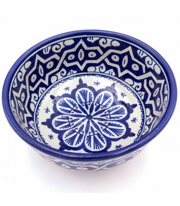 Tigela ou Tigela Marroquina - Saladeira - Cerâmica Fez - Pintada à Mão - Azul e Branco - 20 x 9 cm
