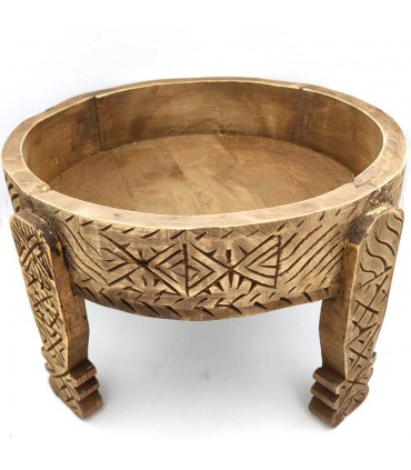 Table Basse Chakki Grinder en Bois Sculpté - Chill Out - Artisanat Marocain Modèle Khashab Beldi