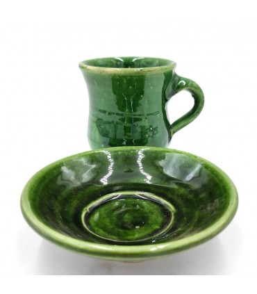 Kaffee- oder Teetasse + grüne Keramikuntertasse Tamegroute Artesania Vintage