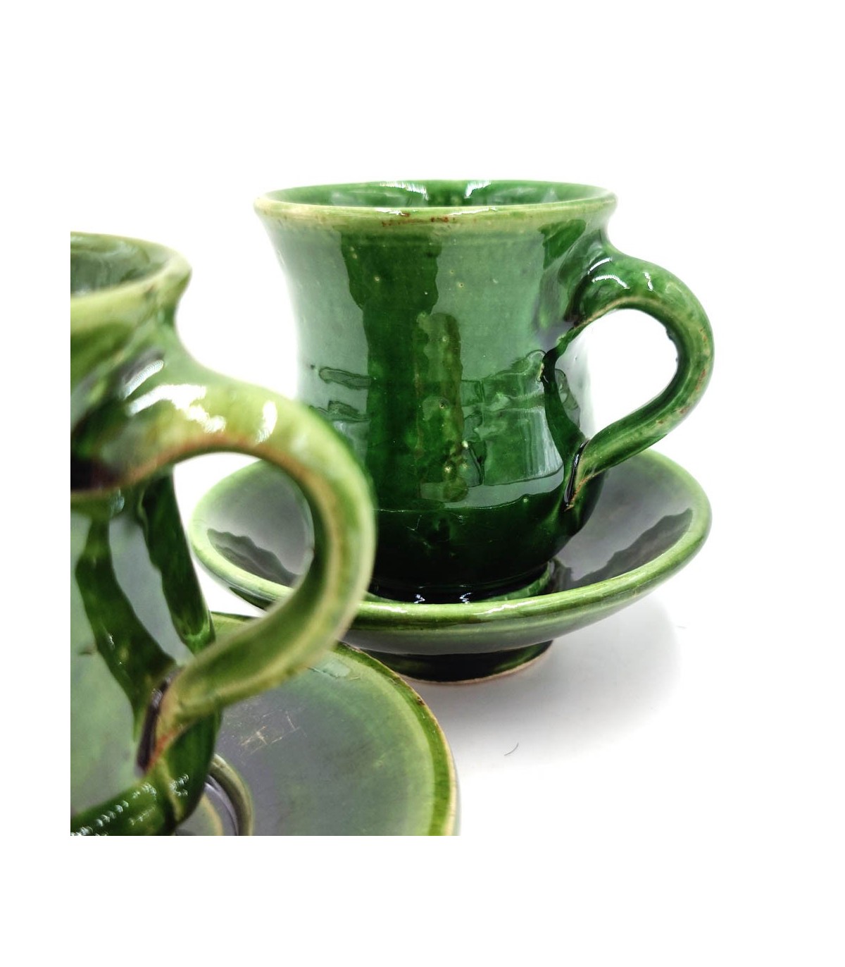 Kaffee- oder Teetasse + grüne Keramikuntertasse Tamegroute Artesania Vintage