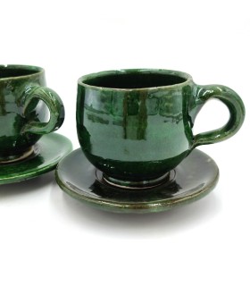 Taza Ancha café o té + Platito Cerámica Verde Tamegroute Artesania Vintage