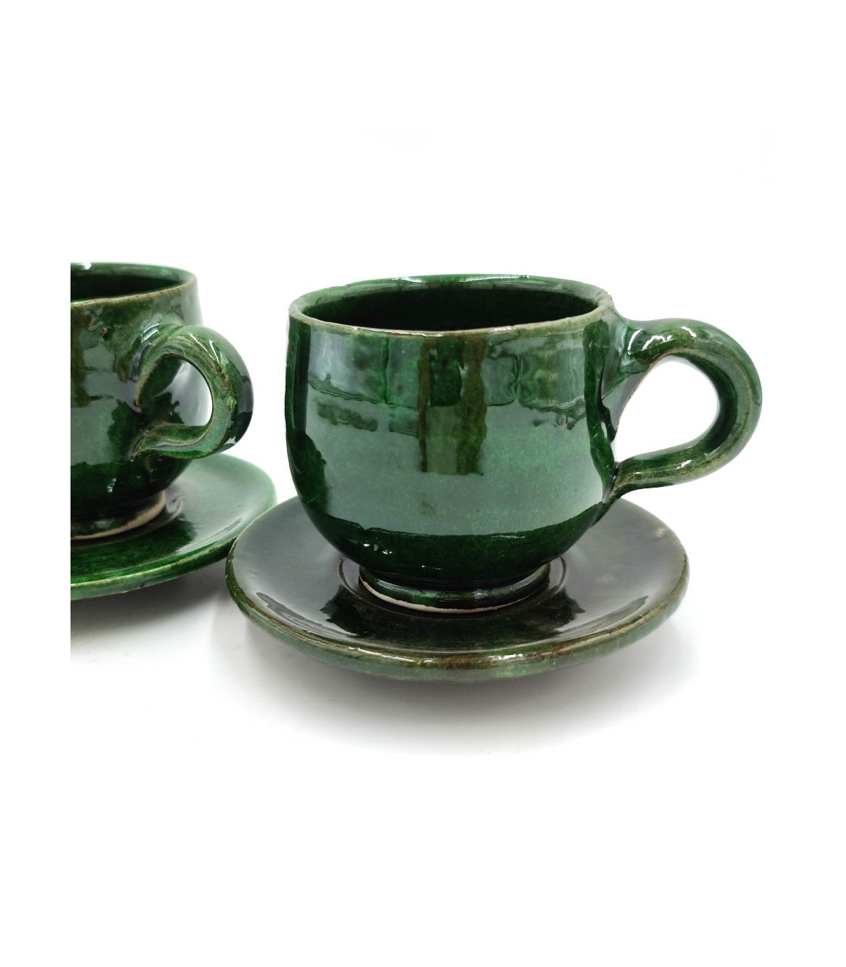 Service de 6 tasses à café en verre teinté vert amande et ses 6 sous