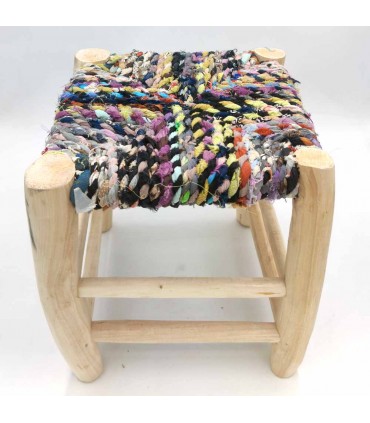 Moroccan Stool Lemon Wood Scraps of Woven Fabric Tadwir Model