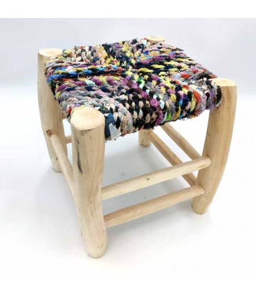 Moroccan Stool Lemon Wood Scraps of Woven Fabric Tadwir Model