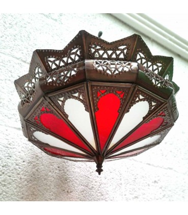 Plafón Lampara Rojo de Techo Chapa Calada y Cristal Decoración Marroquí Estilo Andalusí Modelo Al'aqhuan