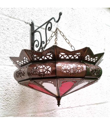 Plafonnier Tôle Ajourée Rouge et Verre Décoration Marocaine Style Andalou Modèle Al'aqhuan
