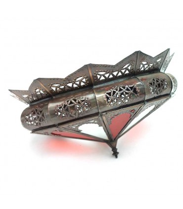 Ceiling Lamp Red Openwork Sheet Metal and Glass Moroccan Decoration Andalusian Style Al'aqhuan Model