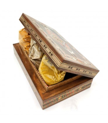 Juego Regalo Mezcla Especias Orientales Caja Madera con Taracea Artesanal Modelo Tawabil