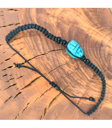 Pulsera de Macrame con Escarabajo Egipcio Azul de Piedra Cerámica Artesanía Egipcia