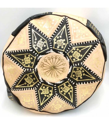 Pouf Arabe 100% Cuir - Couleur Noir Artisanat Marocain - Modèle Laun Aswad