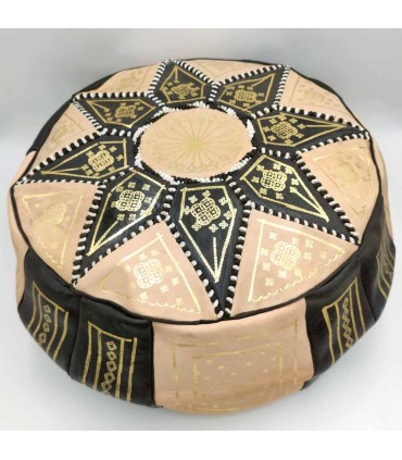 Pouf Arabe 100% Cuir - Couleur Noir Artisanat Marocain - Modèle Laun Aswad