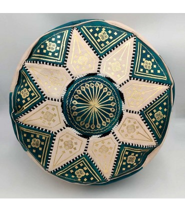 Puff Árabe Cuero 100% - Color Verde Coral Artesanía Marroquí - Modelo Laun Akhdar Bahri