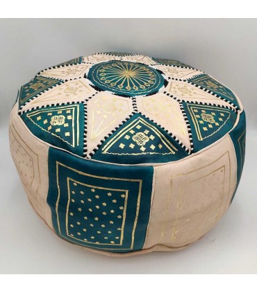 Pouf Arabe 100% Cuir - Couleur Vert Corail Artisanat Marocain - Modèle Laun Akhdar Bahri