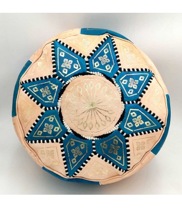 Arabian Puff 100% Leather - Sky Blue Color Moroccan Crafts - Laun Azrak Samawi Model