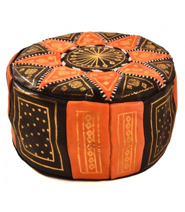 Arabian Puff 100% Leather - Orange Color Moroccan Craftsmanship - Aswad Burtukal Model