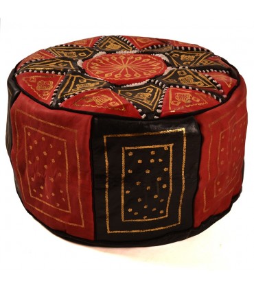 Pouf Arabe 100% Cuir - Couleur Rouge Artisanat Marocain - Modèle Aswad Ahmar