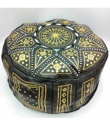 Couro Puff Árabe 100% - Cor Preto Artesanato Marroquino - Modelo Aswad kaamil